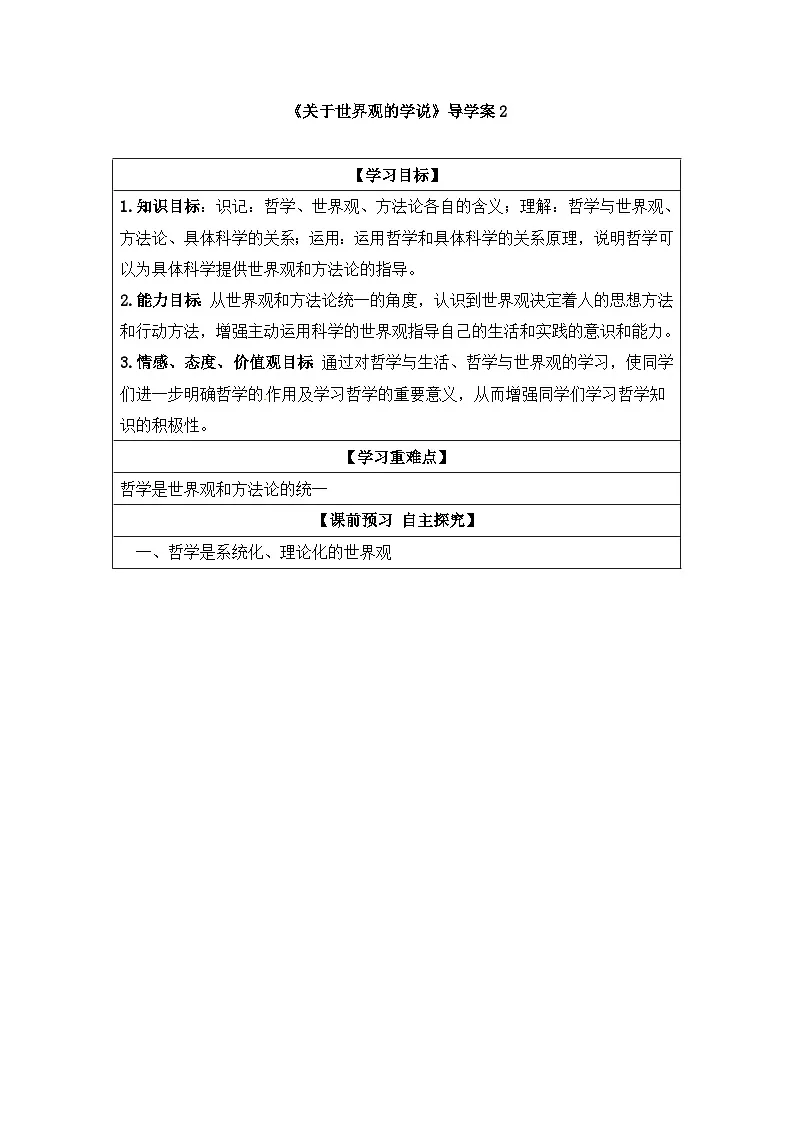 人教版 (新课标)高中政治必修4 1-1-2《关于世界观的学说》导学案第1页