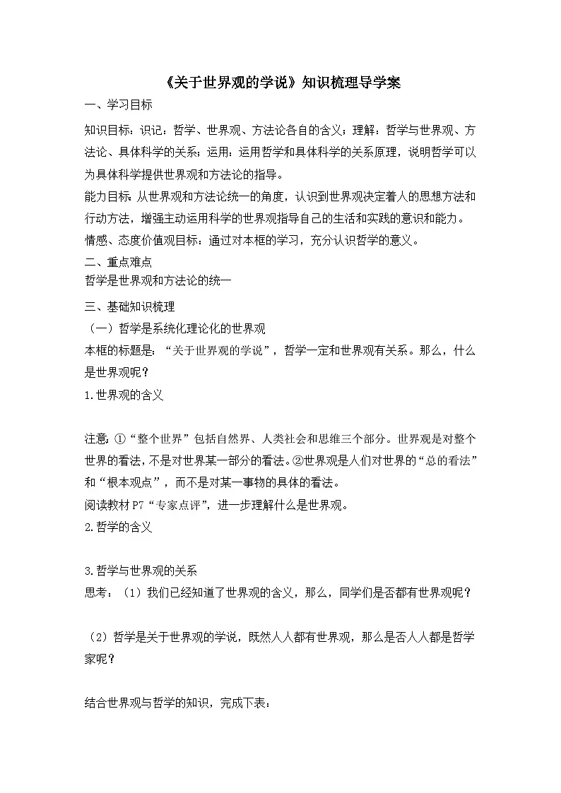 人教版 (新课标)高中政治必修4 1-1-2《关于世界观的学说》知识梳理导学案第1页