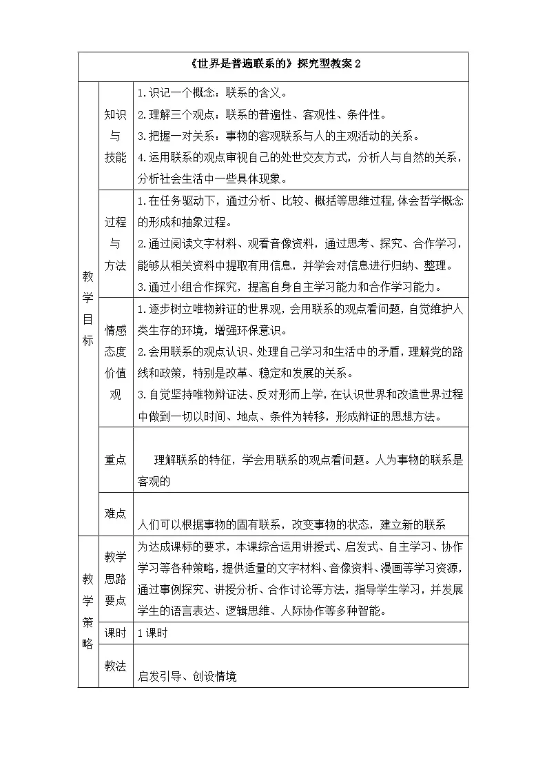 人教版 (新课标)高中政治必修4 3-7-1《世界是普遍联系的》探究型教案第1页