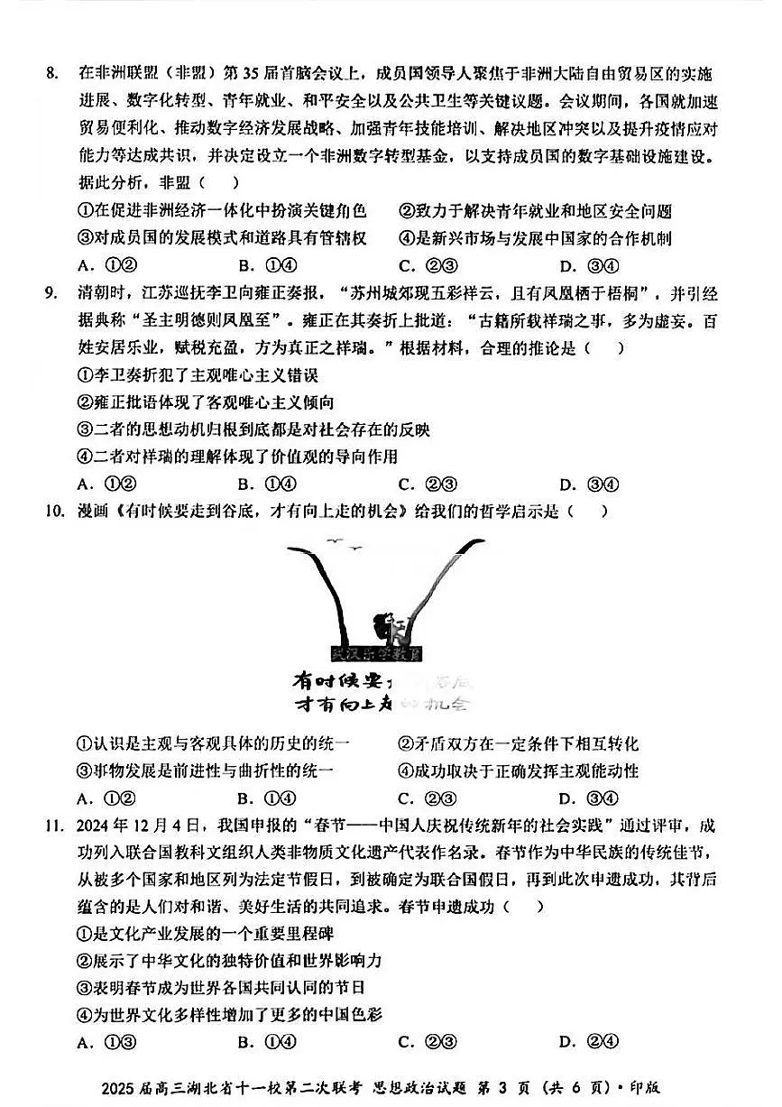湖北省十一校2025届高三下学期3月考试第二次联考-政治试题+答案第3页