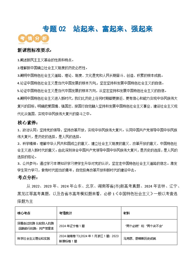 人教統(tǒng)編版高三政治二輪復習專題02站起來、富起來、強起來（講義）（原卷版）第1頁