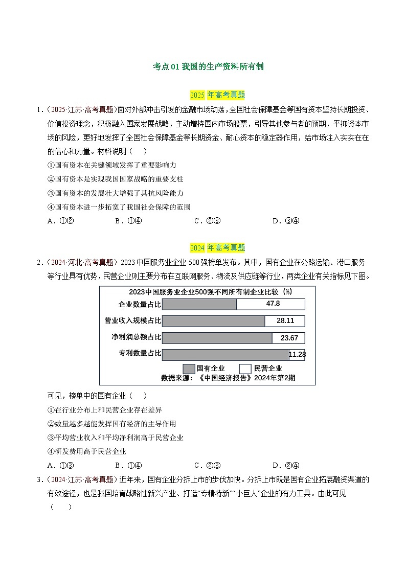 三年(2023-2025)高考政治真题分类汇编:专题02 生产资料所有制与经济制度(全国通用)(原卷版)第2页