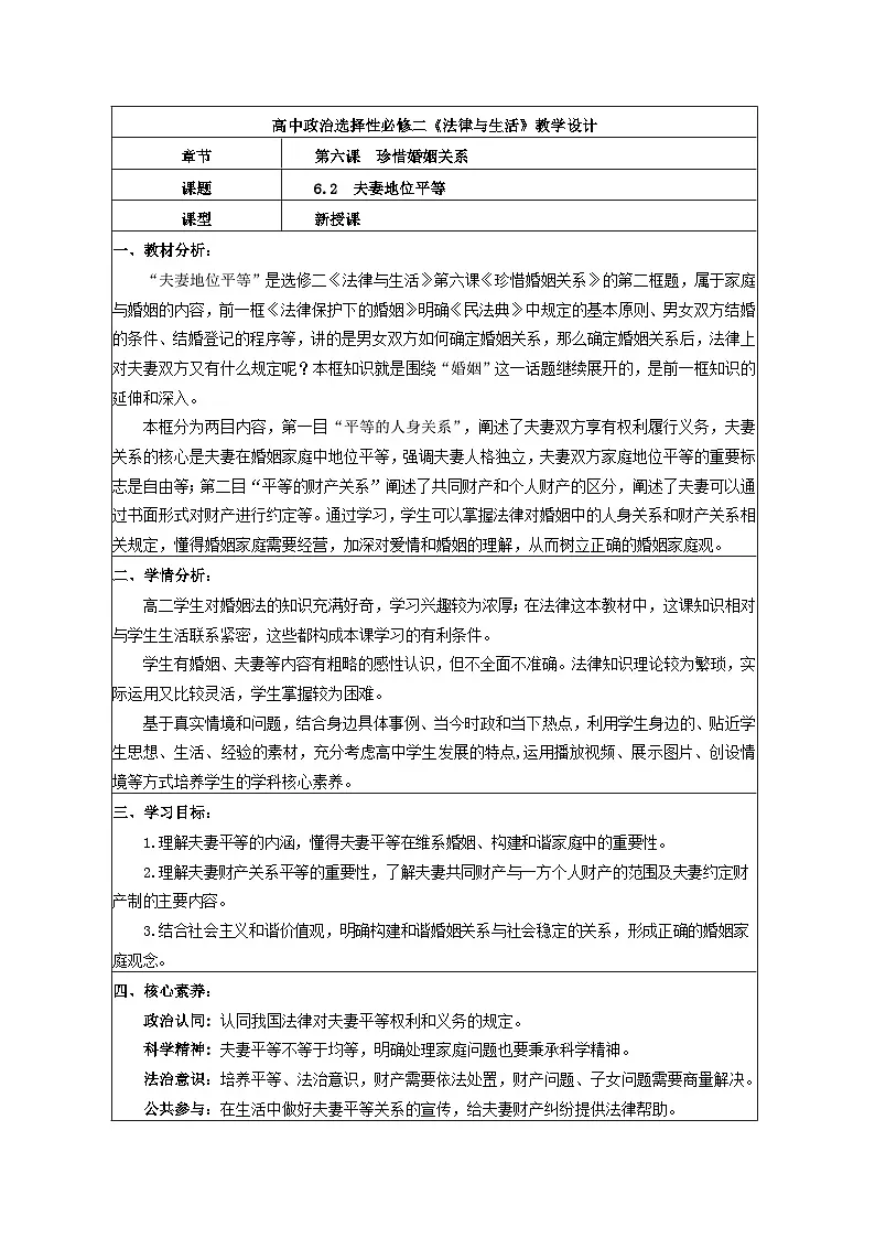 6.2夫妻地位平等 教学设计 统编版高中政治选择性必修二《法律与生活》第1页