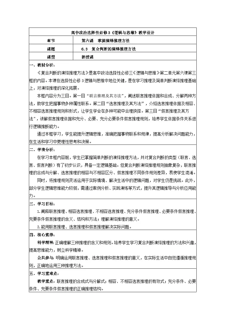 6.3复合判断的演绎推理方法 教学设计 统编版高中政治选择性必修三《逻辑与思维》第1页