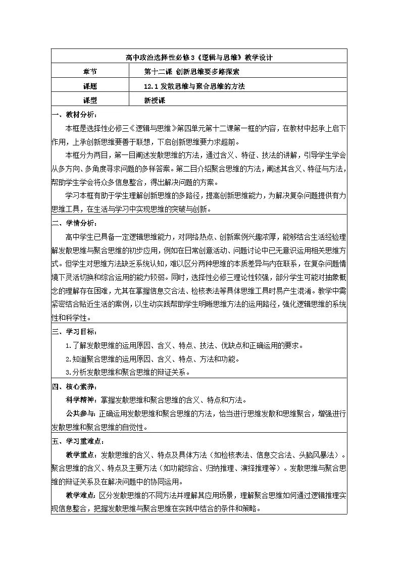 12.1发散思维与聚合思维的方法 教学设计 统编版高中政治选择性必修三《逻辑与思维》第1页