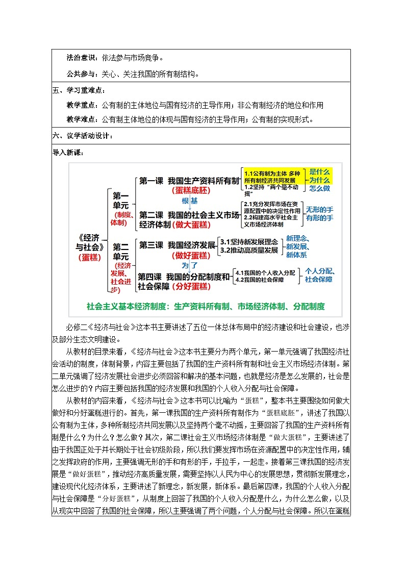 1.1公有制为主体 多种所有制经济共同发展 教学设计 统编版高中政治必修二 经济与生活第2页