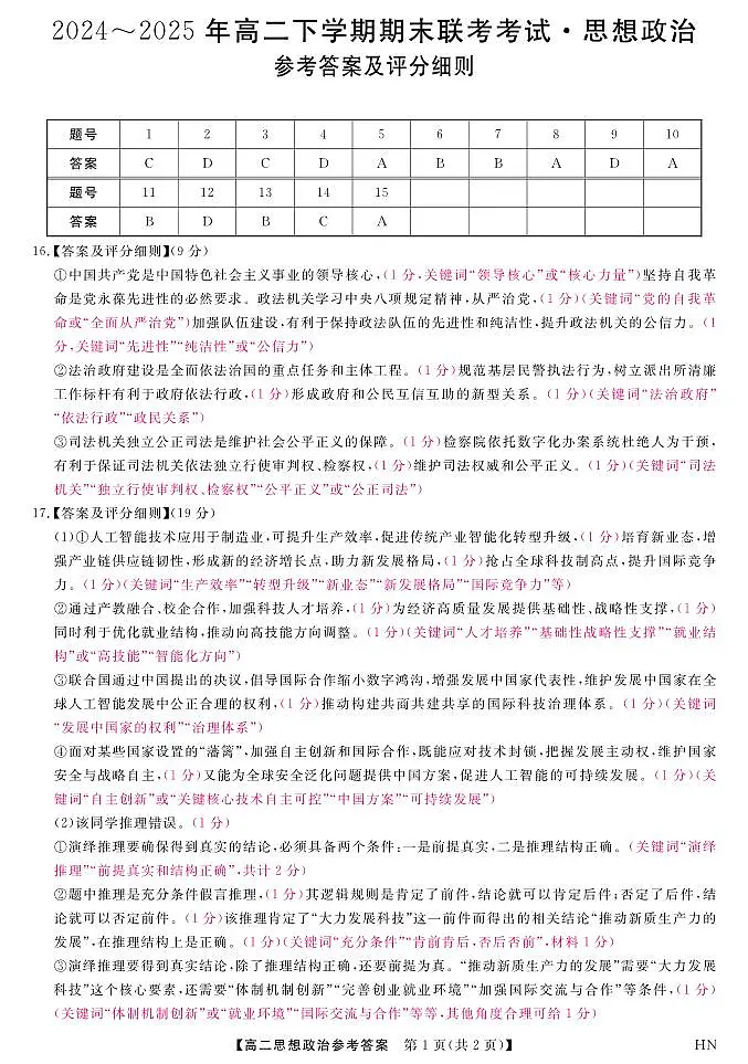金科·新未来7月3-4日高二联考-政治评分细则第1页