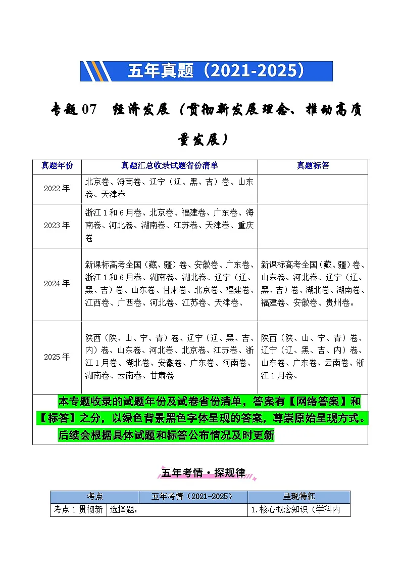 备战2026年高考精品试题汇编 政治 专题07 经济发展(贯彻新发展理念、推动高质量发展) Word版含解析第1页