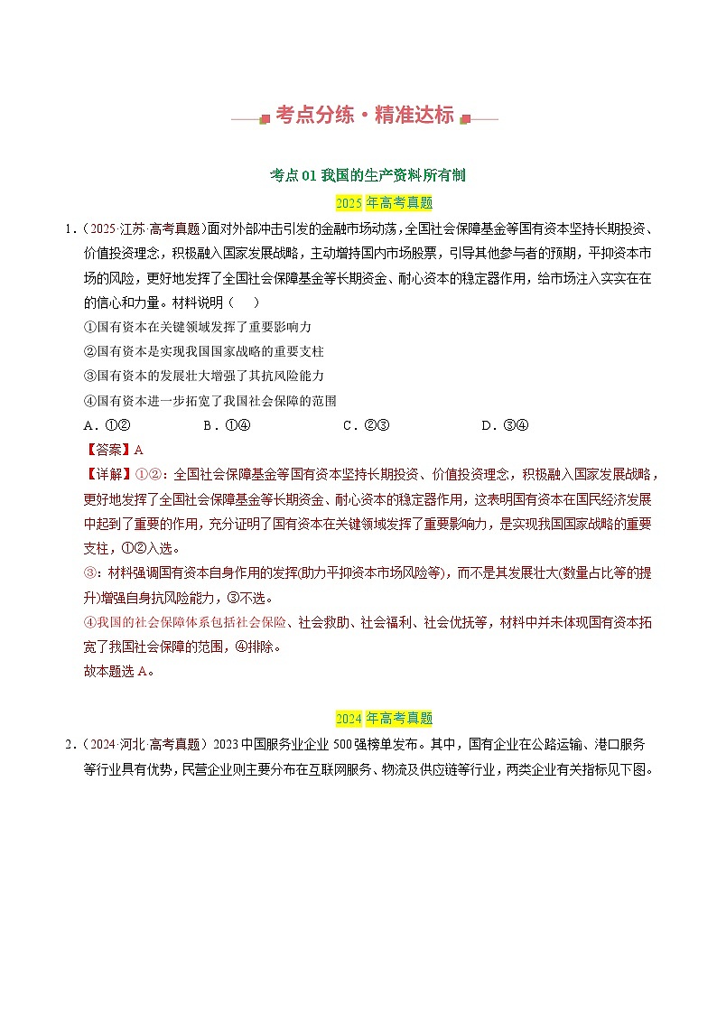专题02 生产资料所有制与经济制度 Word版含解析第2页
