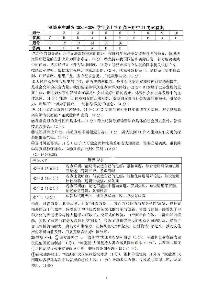 大连滨城高中联盟2025-2026学年度上学期高三期中Ⅱ考试政治答案第1页