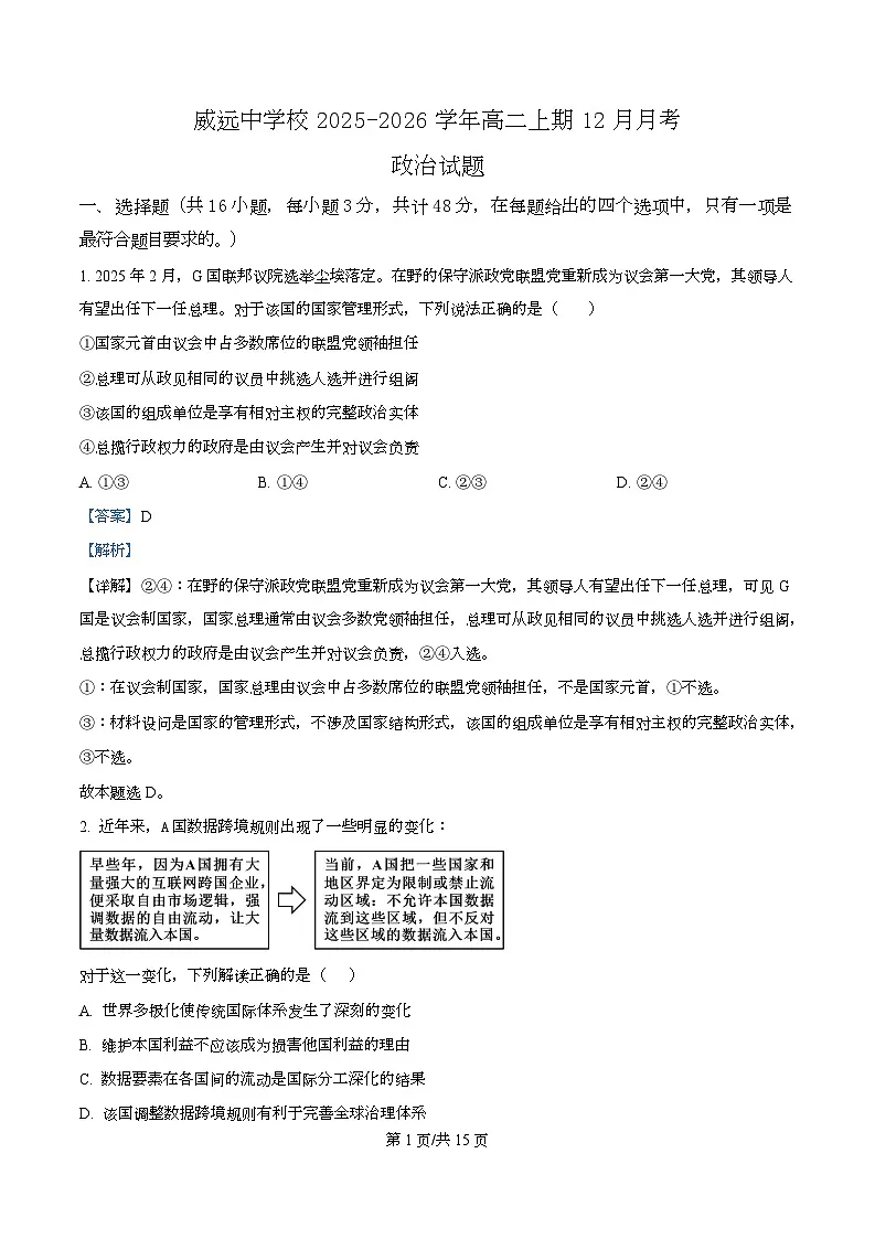 四川省内江市威远中学2025-2026学年高二上学期12月月考政治试题 Word版含解析第1页