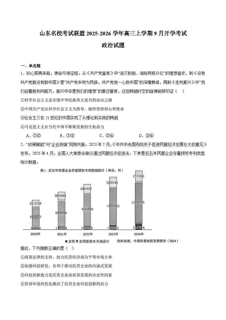 山东省名校考试联盟2026届高三上学期开学摸底考试 政治试卷(含答案)第1页