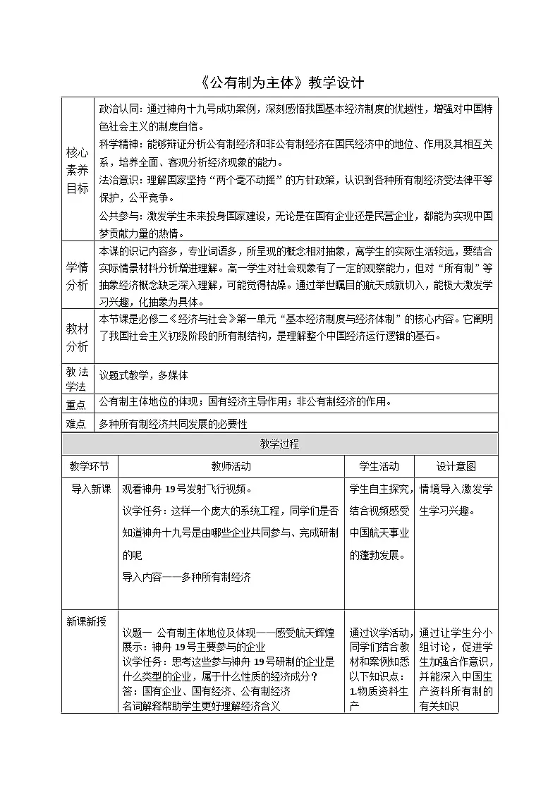 1.1 《公有制为主体 多种所有制经济共同发展》教案_统编版高中思想政治必修2(25年自营)第1页