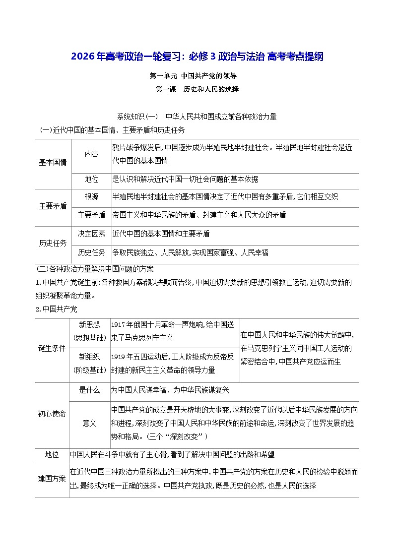 2026年高考政治一轮复习:统编版必修3 政治与法治 高考考点提纲 讲义第1页