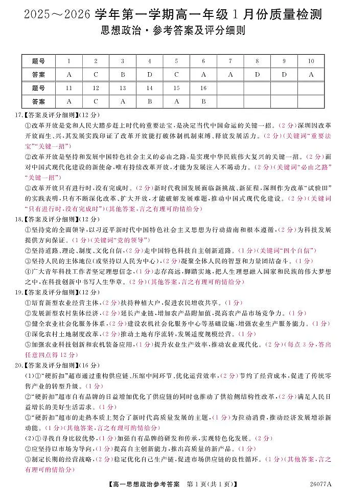 26077A-评分细则-政治第1页