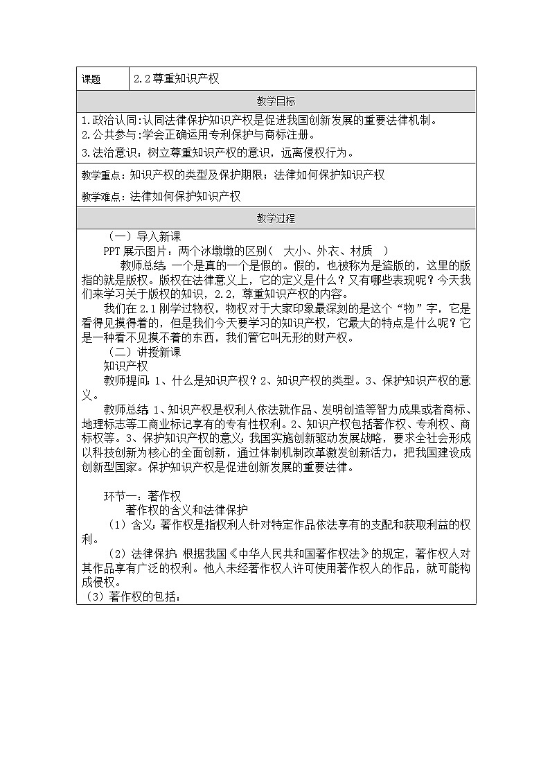 统编版高中政治选择性必修二 2.2 尊重知识产权 教学设计第1页