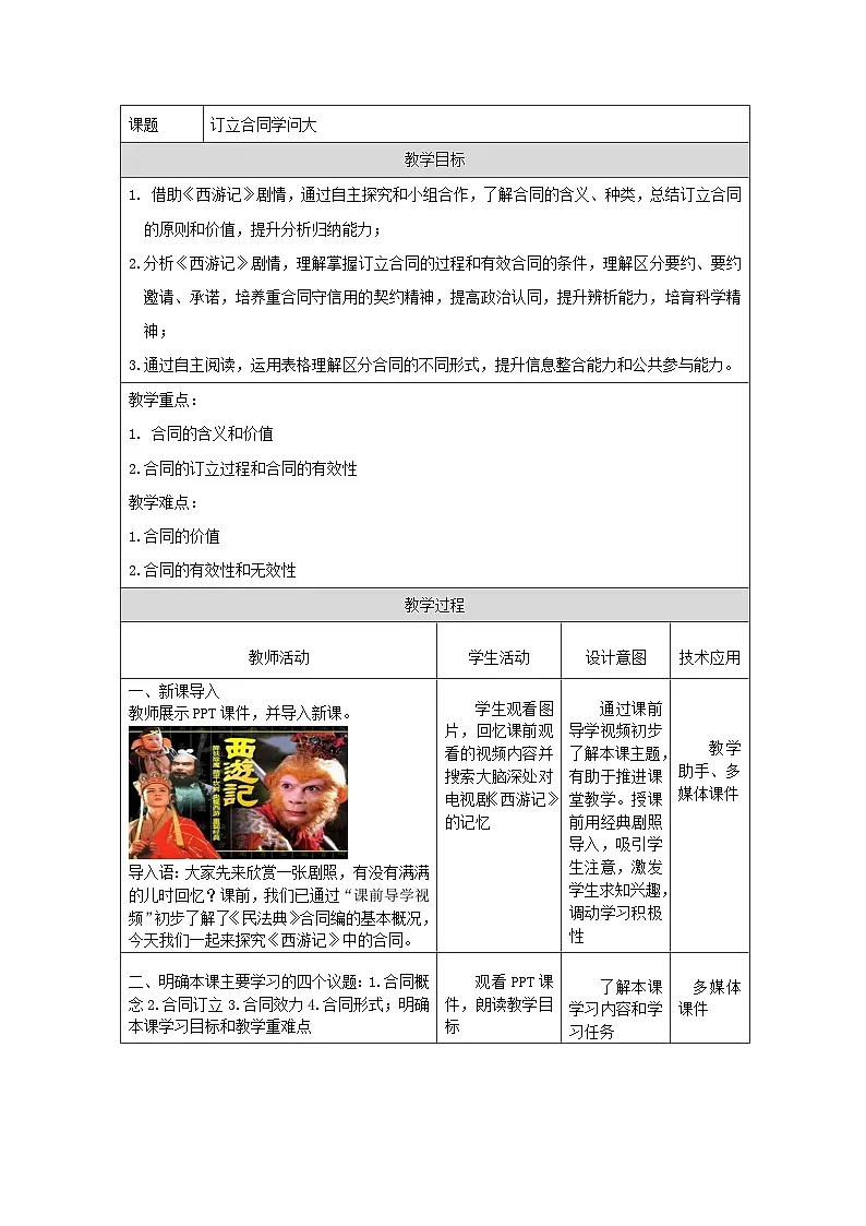 统编版高中政治选择性必修二 3.1 订立合同学问大 教学设计第1页