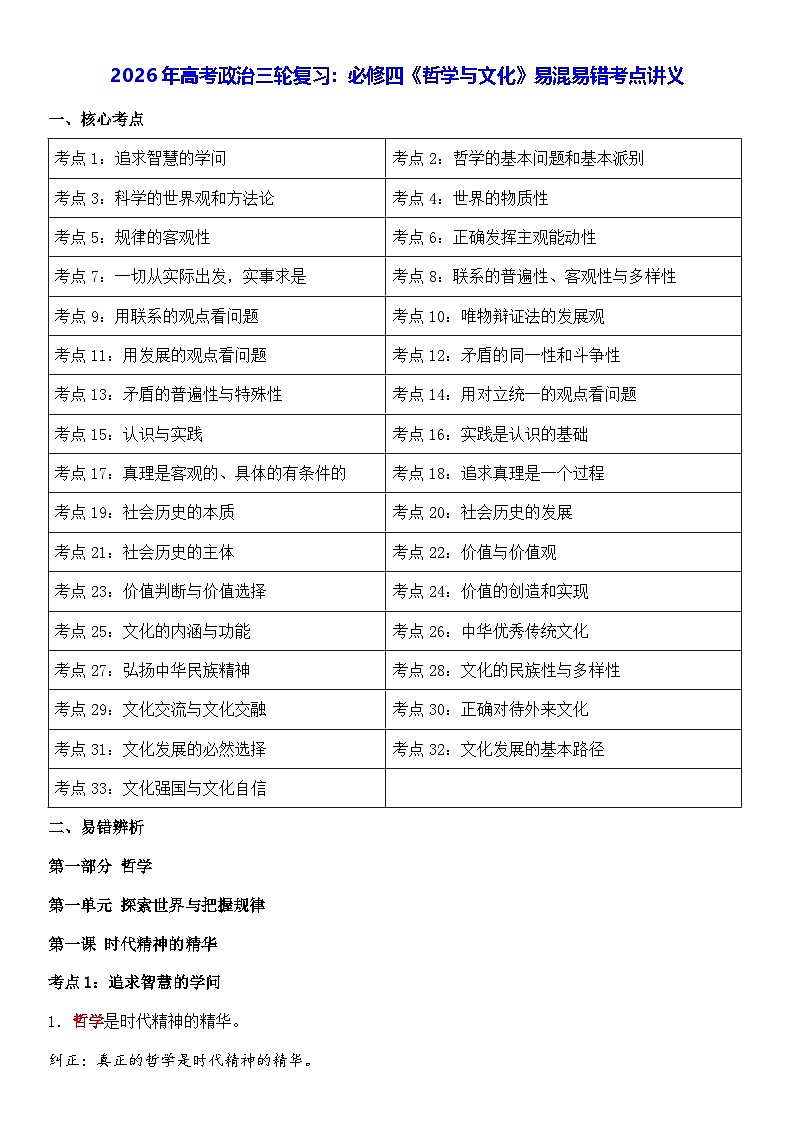2026年高考政治三轮复习:必修四《哲学与文化》易混易错考点讲义第1页