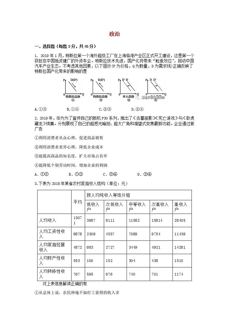 山东省2020届高三招生模拟考试政治01