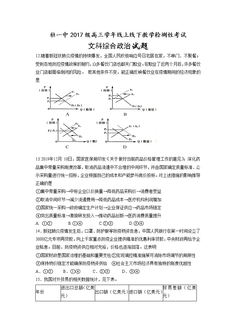 黑龙江省牡丹江市第一高级中学2020届高三4月线上线下教学检测政治试题01