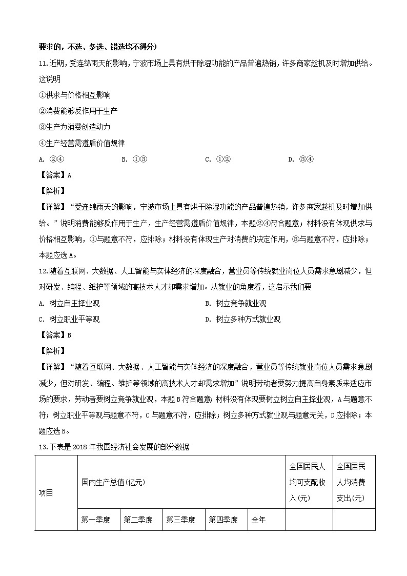2019届浙江省宁波市高三新选考适应性考试政治试题(解析版)03
