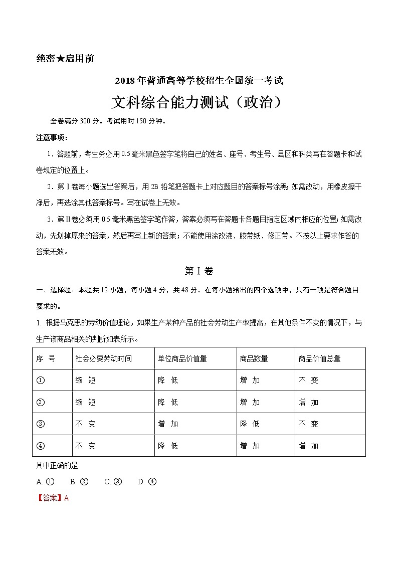 精编:2018年高考全国卷Ⅰ文综政治试题及答案解析(原卷+解析卷)01