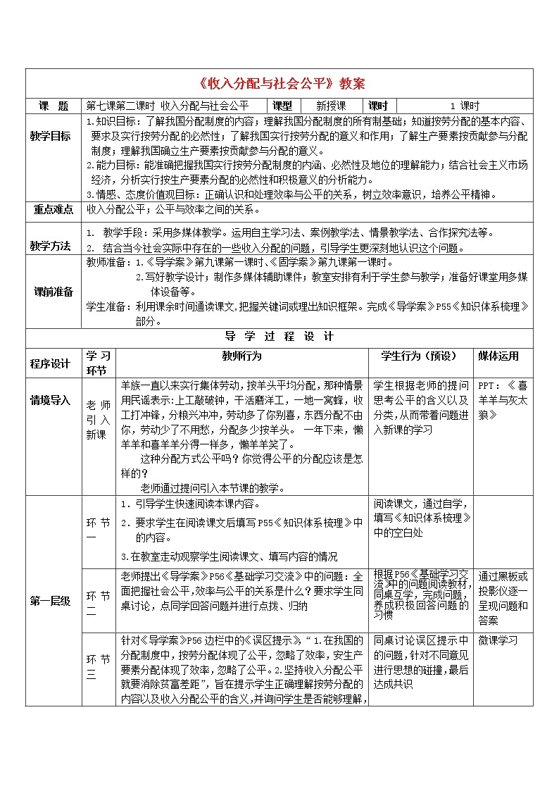 高中政治 7.2收入分配与社会公平教案 新人教版必修101