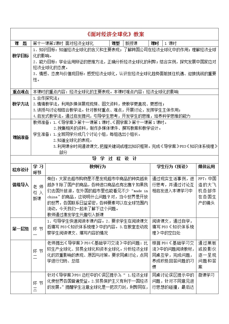 高中政治 11.1面对经济全球化教案 新人教版必修101