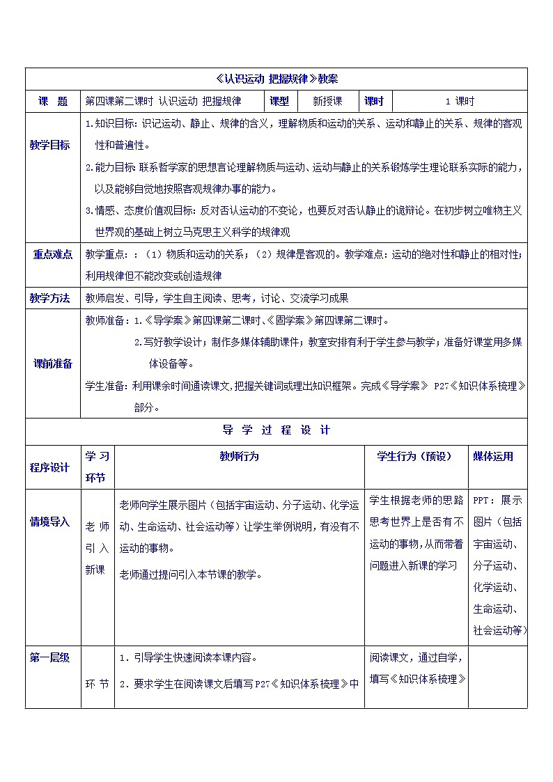 高中政治必修四教案:第四课 第二框 认识运动 把握规律01
