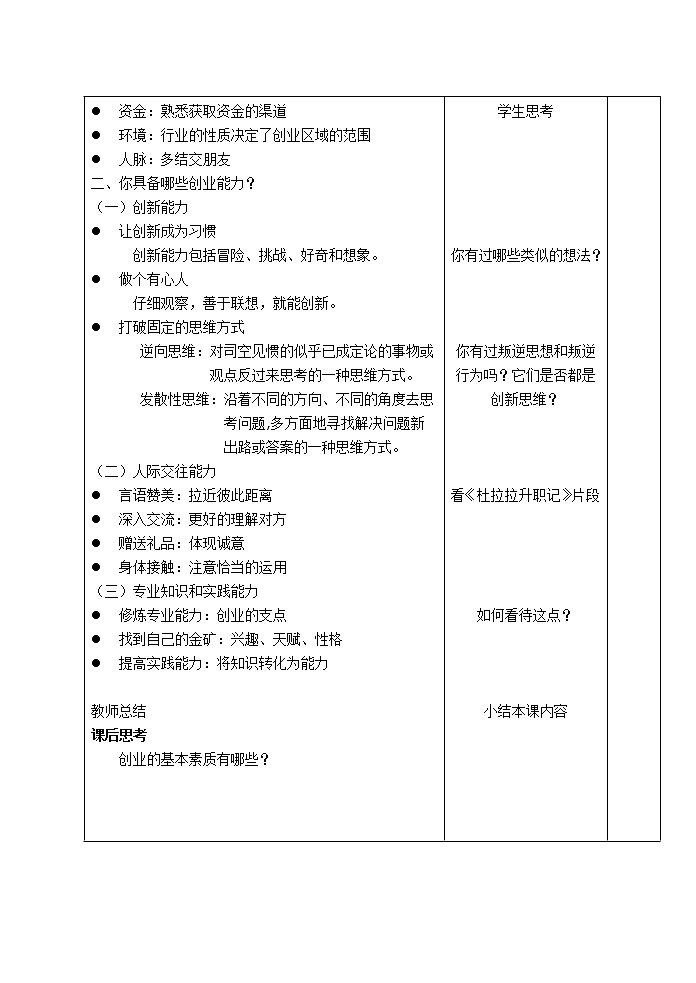 5.4 放飞梦想 立志创业 教案(2课时,表格式) 人教版中职心理健康第2页