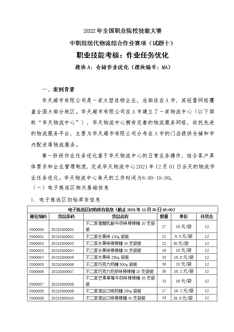 2022年全国职业院校技能大赛中职组 现代物流综合作业赛项模拟赛题（word版）