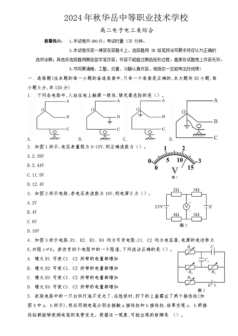 17湖南省衡阳市中职2024-2025学年度第二学期高二电子电工类专业入学测试卷第1页