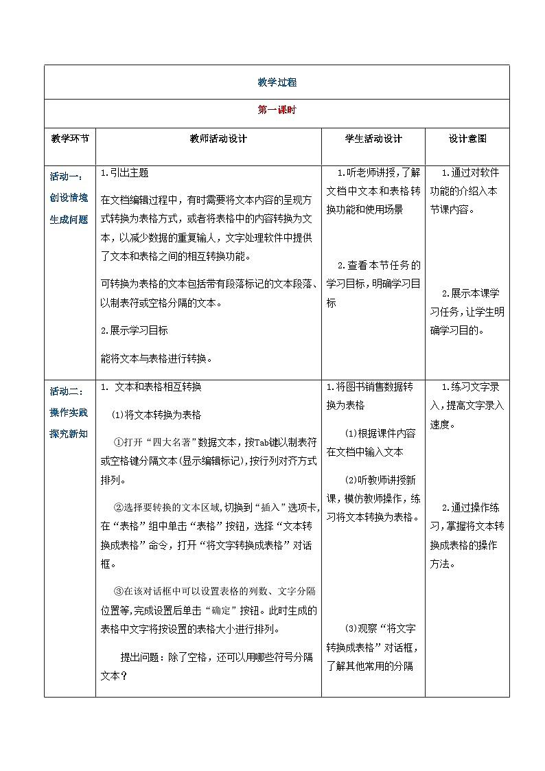 【中职专用】高教版2021中职高中信息技术 基础模块上册3.3.3表格和文本相互转换格式(教案)02