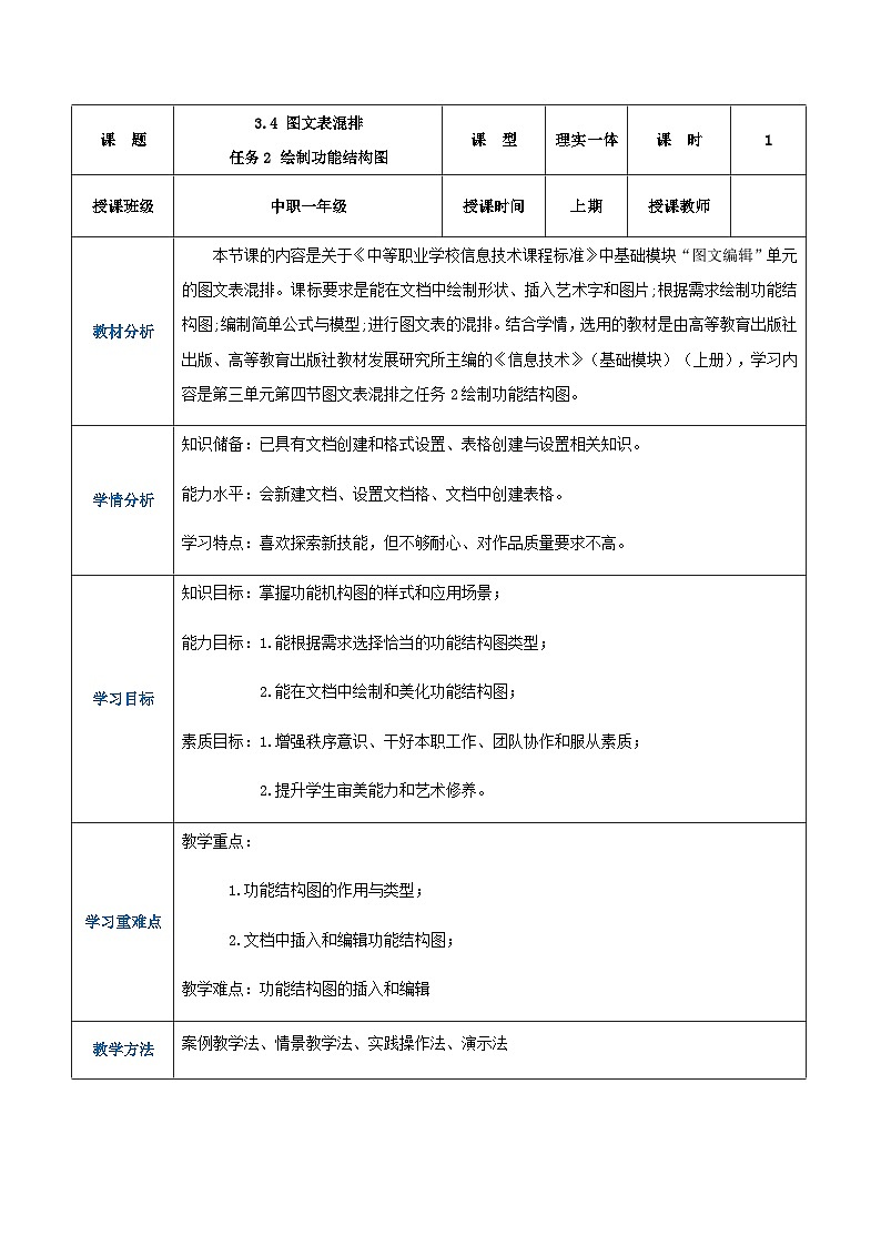 【中职专用】高教版2021中职高中信息技术 基础模块上册3.4.2 绘制功能结构图(教案)第1页