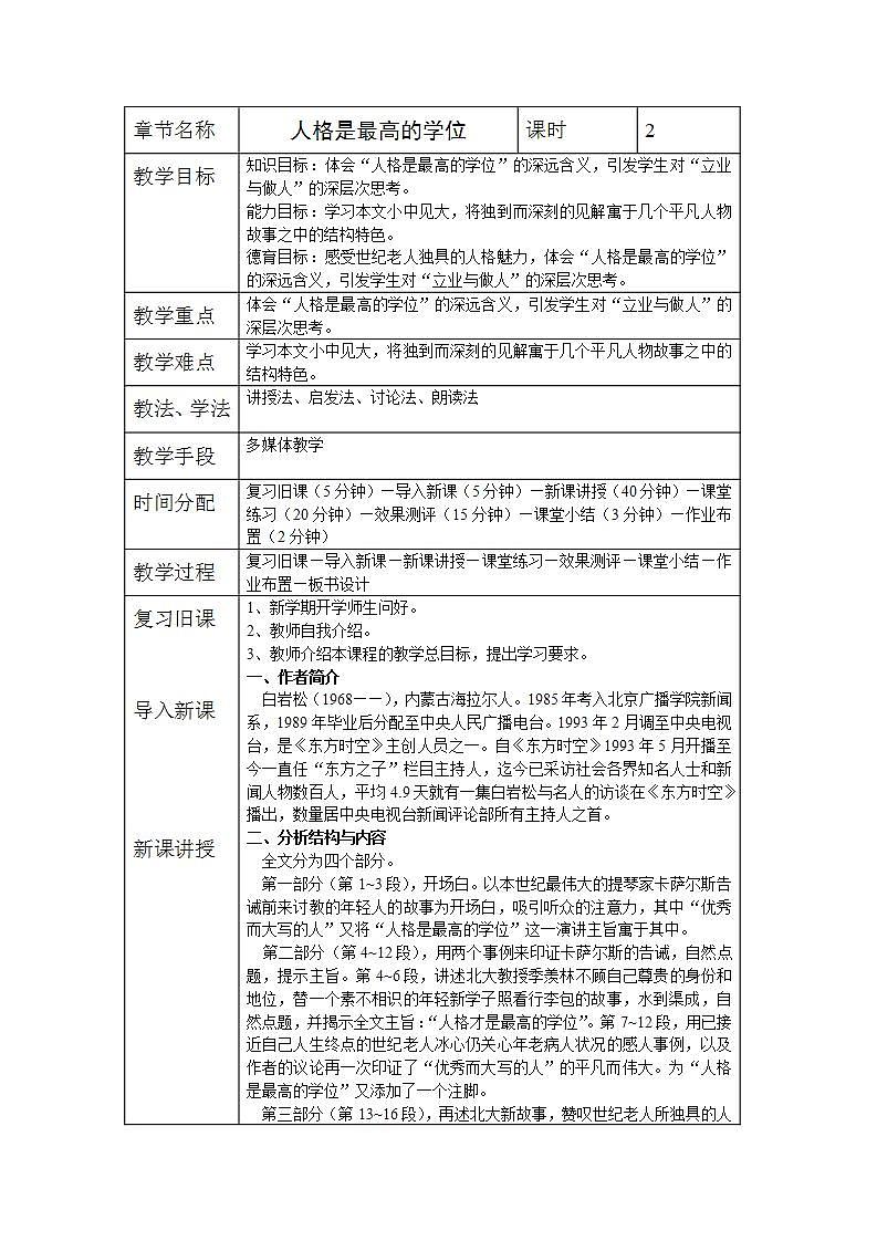 高教版中职语文(职业模块 服务类)第2课《人格是最高的学位》word教案01