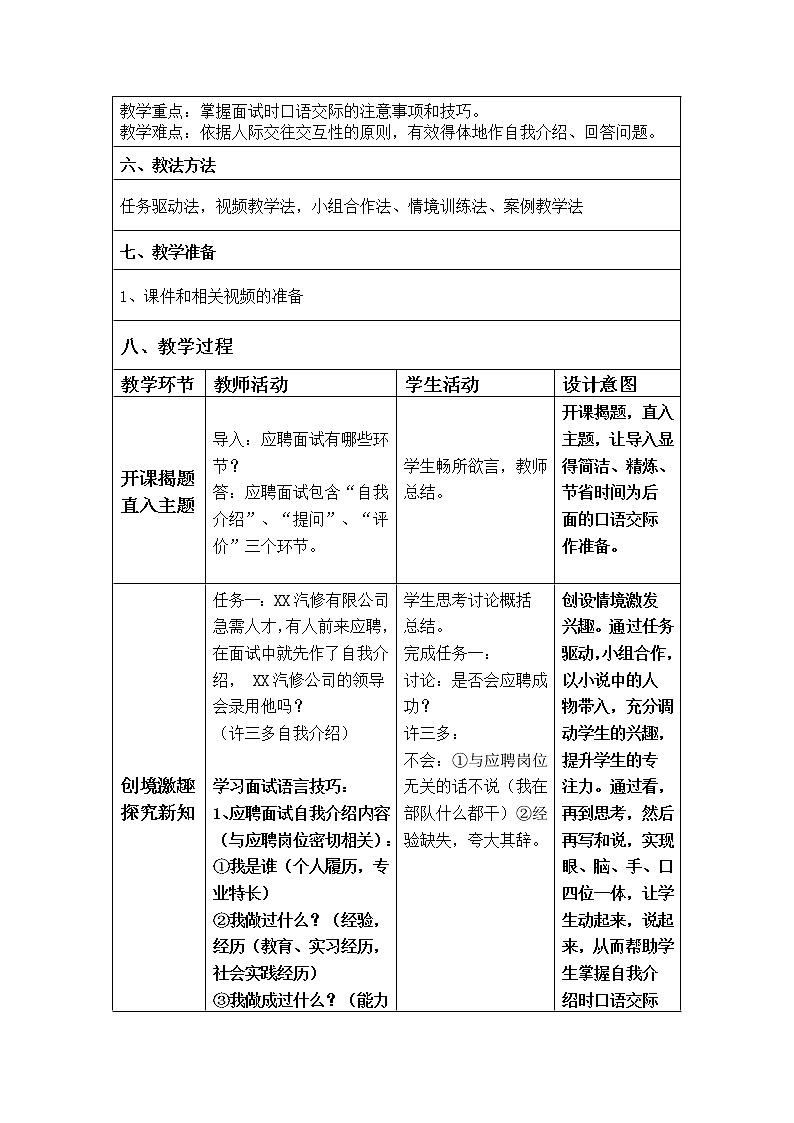 高教版基础模块下册第六单元 表达与交流 口语交际 应聘 教学设计第2页