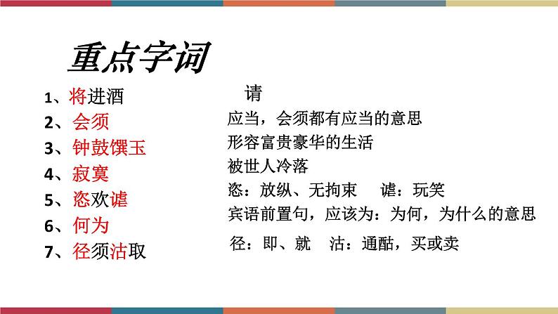 高教版中职高一语文基础模块下册 第6单元 21《将进酒》课件08