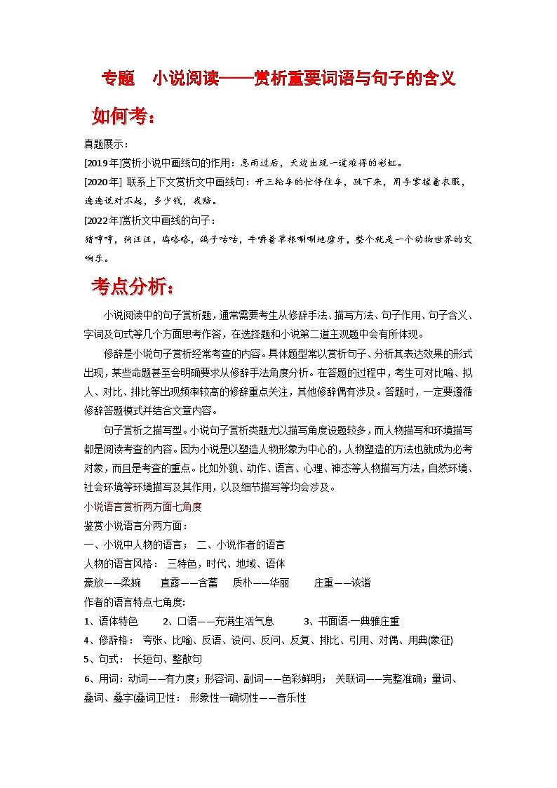 專題 小說(shuō)閱讀(賞析重要詞語(yǔ)與句子的含義)(解析版)第1頁(yè)