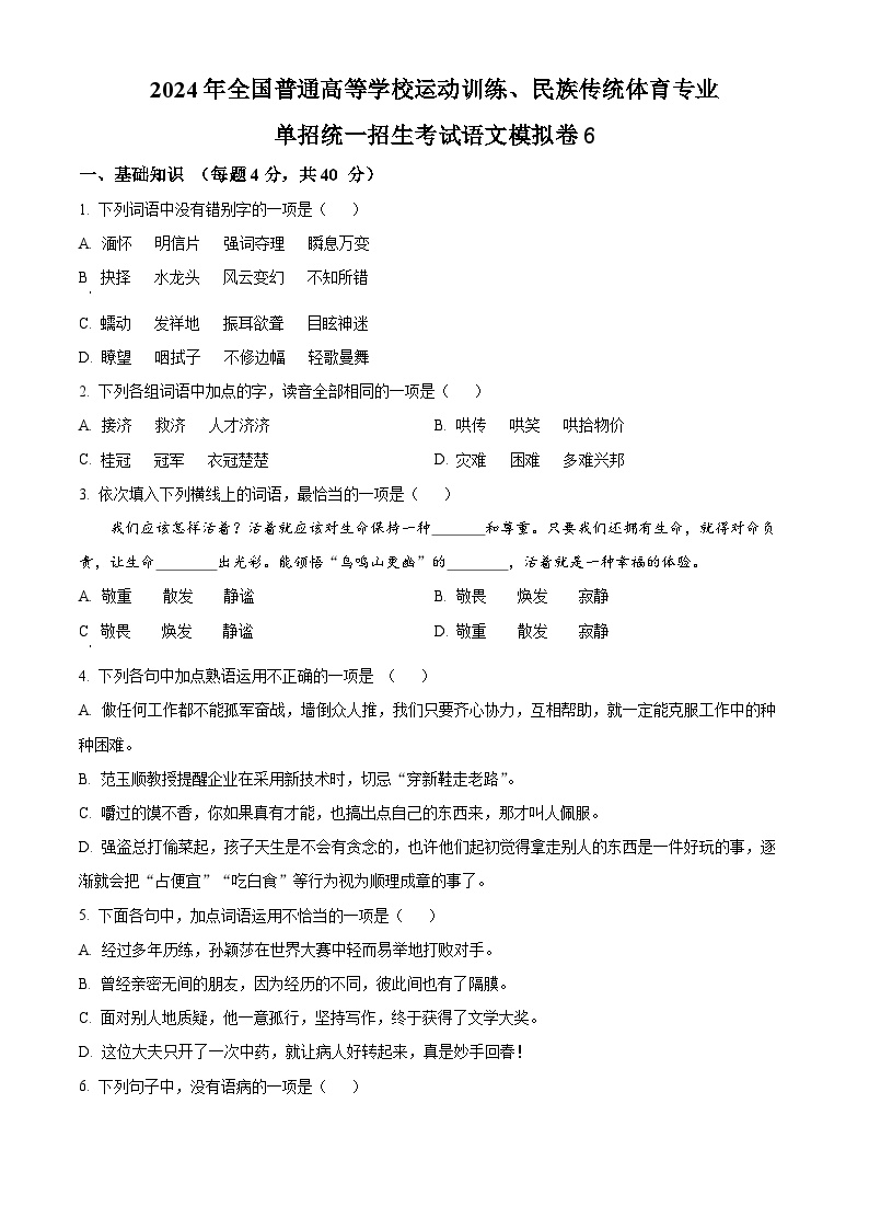 2024年全国普通高等学校运动训练、民族传统体育专业单招统一招生考试语文模拟卷6