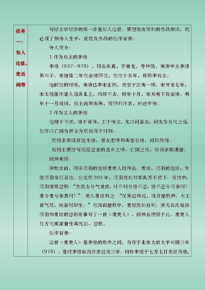 部编版(2023)中职语文基础模块下8.3《虞美人》教案第2页