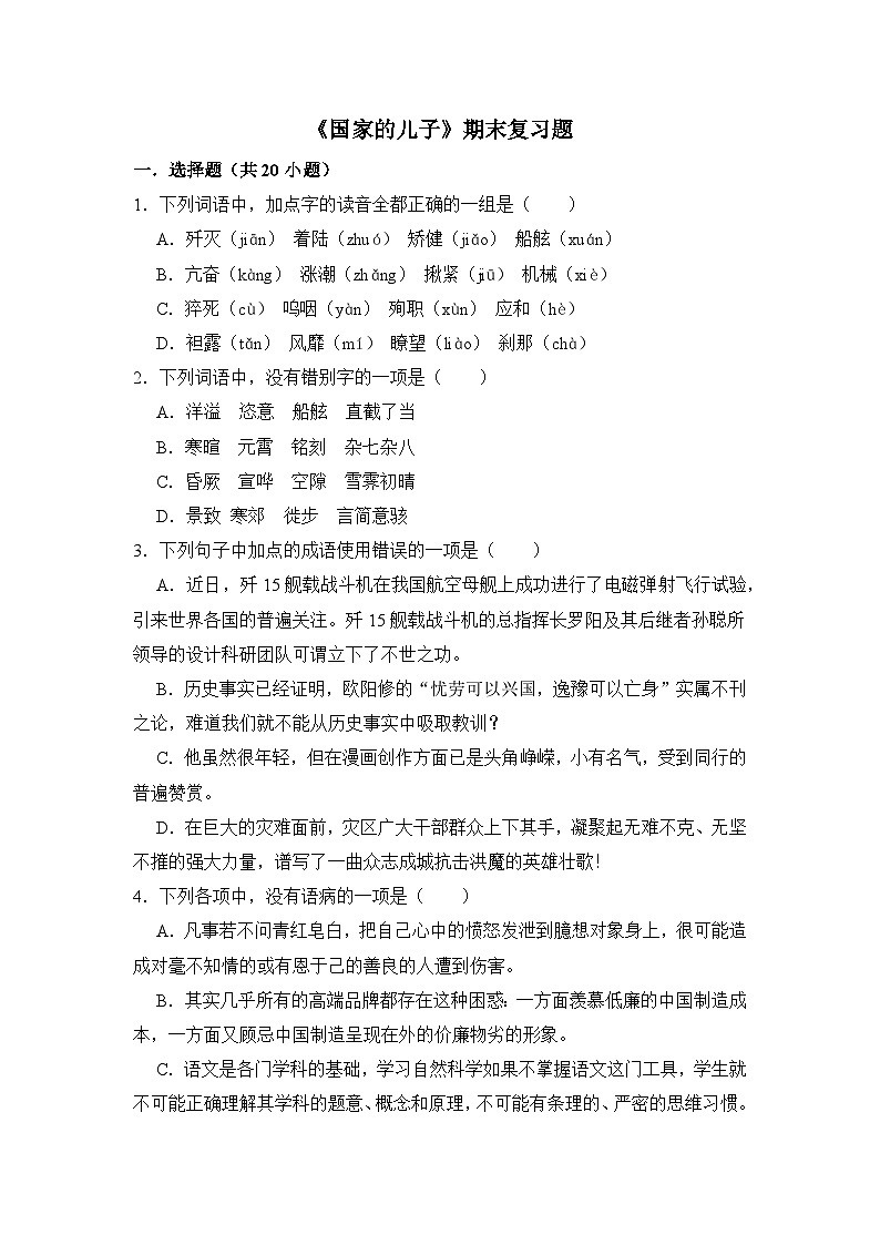 5.3《国家的儿子》期末复习题(含解析)【中职专用】2024-2025学年中职高一语文(2023高教版基础模块上册)第1页