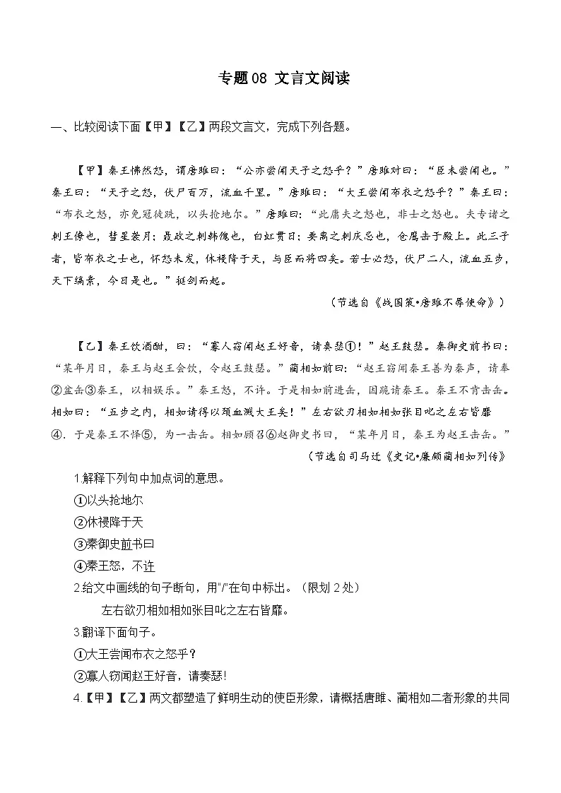 专题08 文言文阅读(考题猜想)(原卷版)第1页