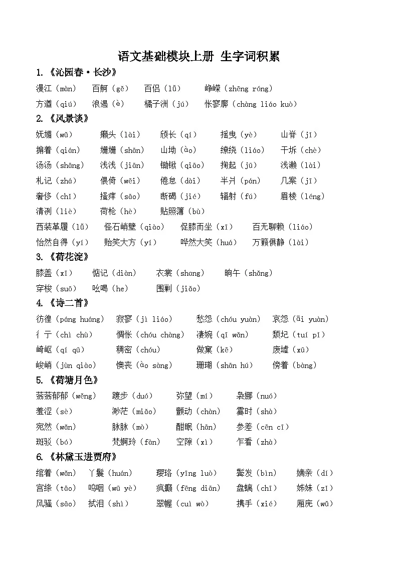 部编高教版2023 中职语文 基础模块上册 生字词积累-知识清单第1页