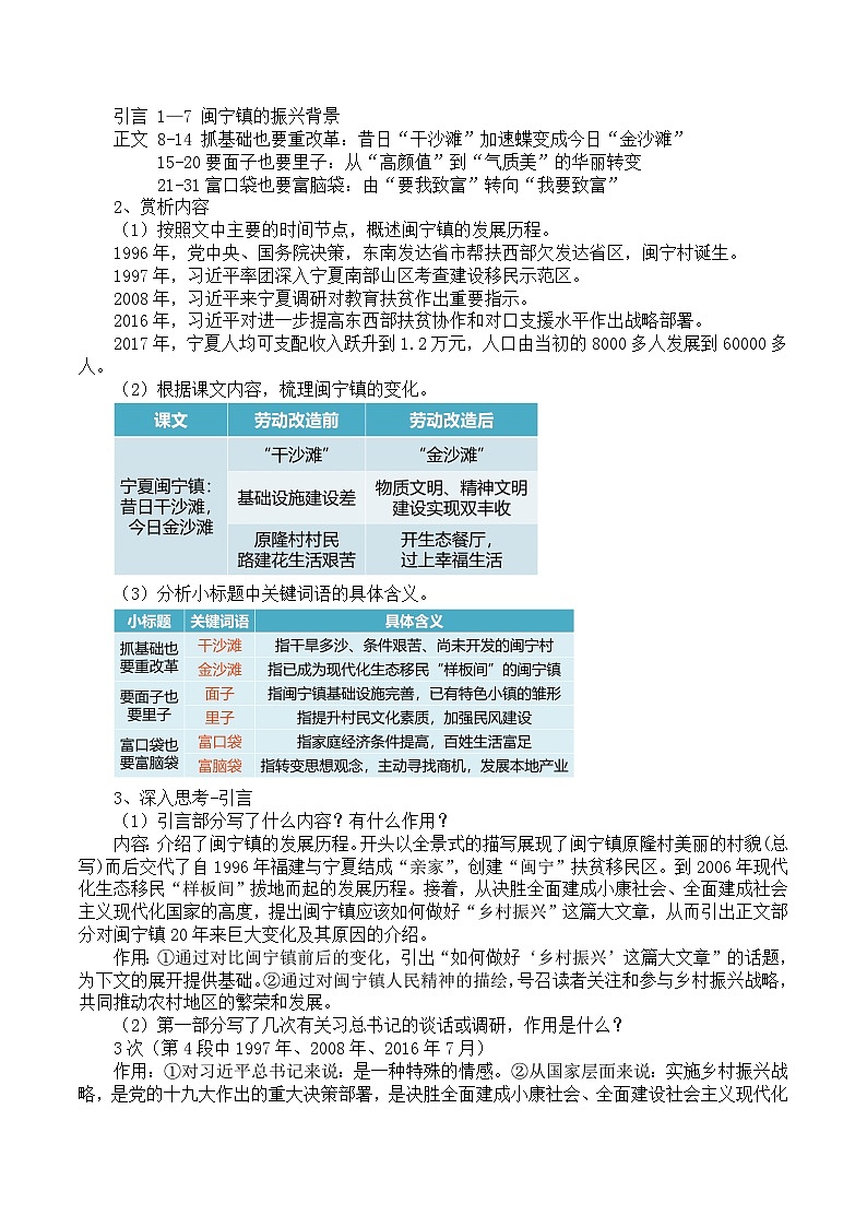 部编高教版2023 中职语文 职业模块 第一单元第二课 宁夏闽宁镇:昔日干沙滩,今日金沙滩-教案第2页