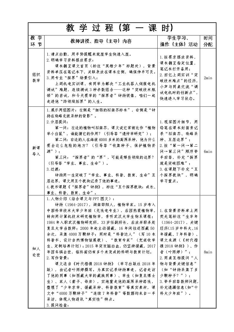 1.3高教社统编中职语文二年级《语文职业模块》第一单元第3课 《“探界者”钟扬》教学设计第2页