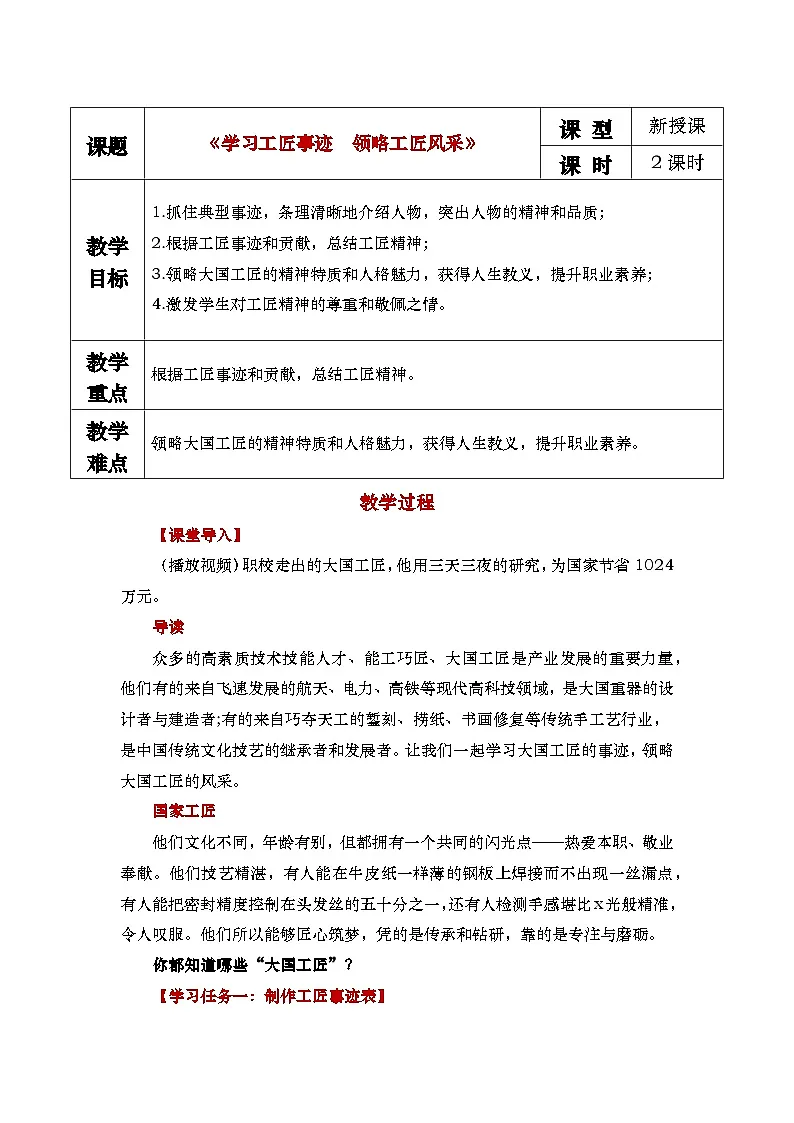 中职语文 职业模块5.2《学习工匠事迹 领略工匠风采》教学设计第1页