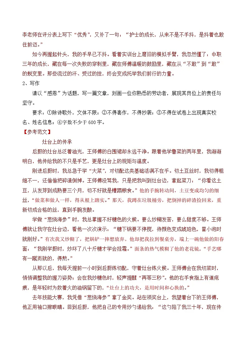知识点02(练习):记叙文写作指导-2026年福建省中职学考语文一轮复习知识点清单(解析版)第2页