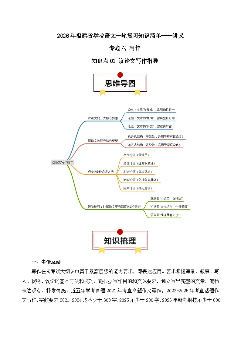 知识点01(讲义):议论文写作指导-2026年福建省中职学考语文一轮复习知识点清单第1页
