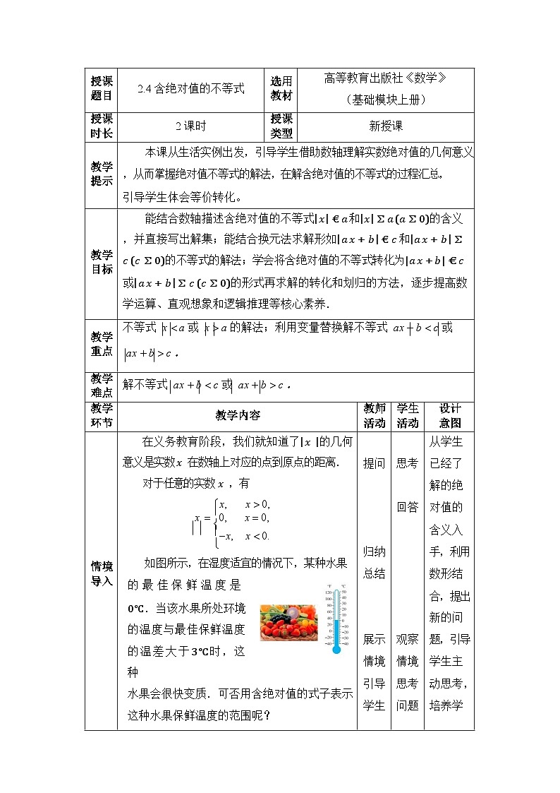 中職數(shù)學(xué)基礎(chǔ)模塊上冊(cè)2-4含絕對(duì)值的不等式教案第1頁