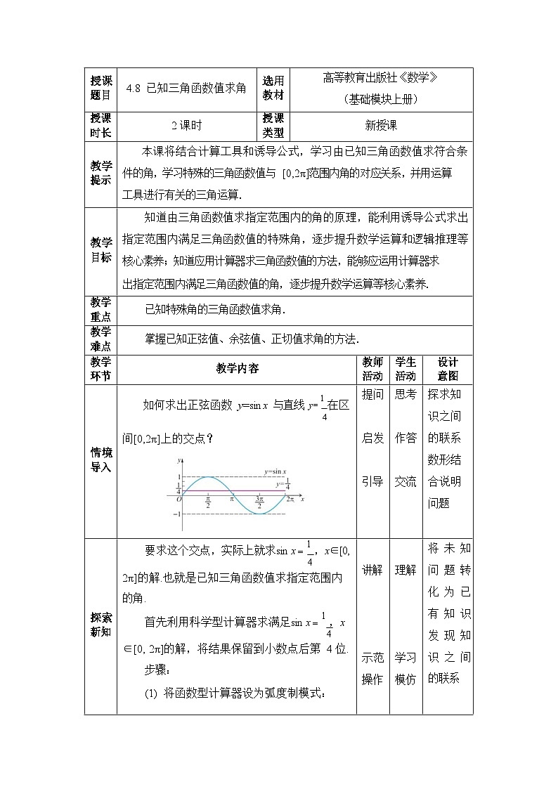 中职数学基础模块上册4-8已知三角函数值求角教案第1页